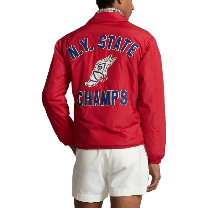 Shop Polo Ralph Lauren SS24 紅色防水教練外套 刺繡標誌 MNPOOTW16021329