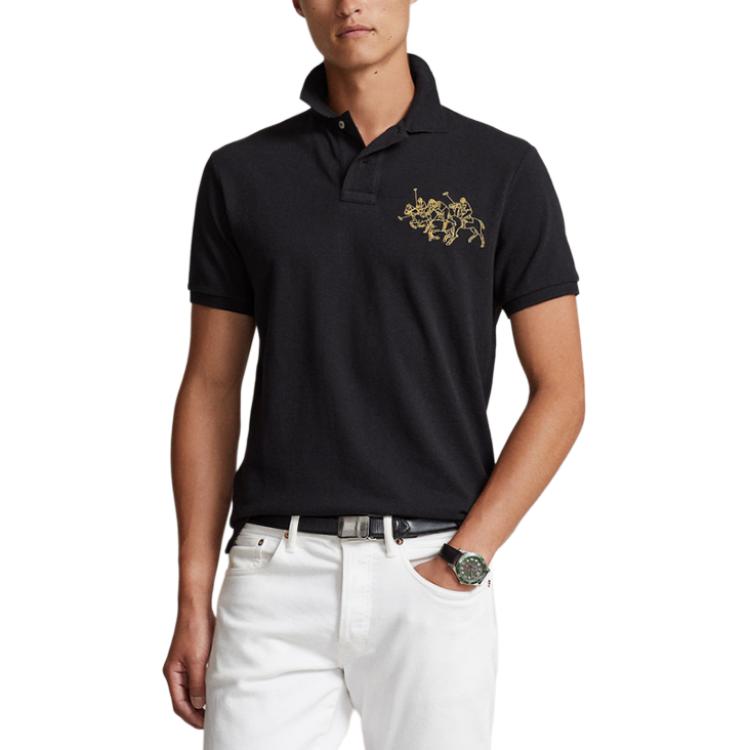 Shop Polo Ralph Lauren 男士SS24修身印花黑色圆领T恤。 MNPOKNI1N822583-001