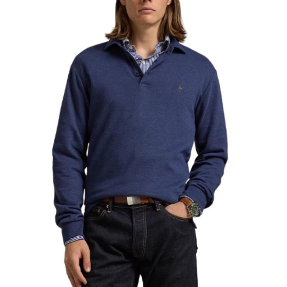 Shop Polo Ralph Lauren SS25 长袖纯色纽扣蓝色Polo衫 710951683001