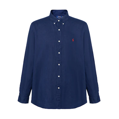 Polo Ralph Lauren SS25 Navy Long Sleeve Cotton Linen Shirt with Embroidered Logo. 710975540-003