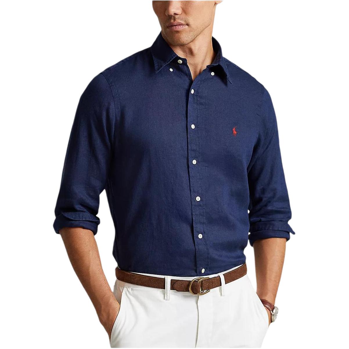 Shop Polo Ralph Lauren SS25 海軍藍長袖棉麻襯衫 刺繡標誌款 710975540-003