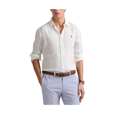 Polo Ralph Lauren SS25 White Long-Sleeve Cotton-Linen Shirt with Pony Logo. 710975540-001