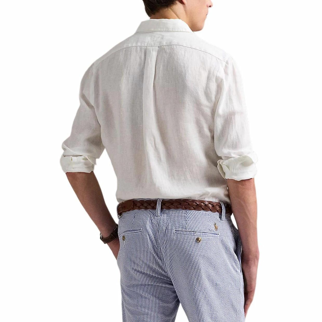 Lookbook Polo Ralph Lauren SS25 Camisa Blanca Manga Larga Algodón-Lino con Logo Pony. 710975540-001