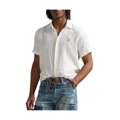 Polo Ralph Lauren SS25 Embroidered Pony Logo Short Sleeve Cotton Linen Shirt White. 710978347-003