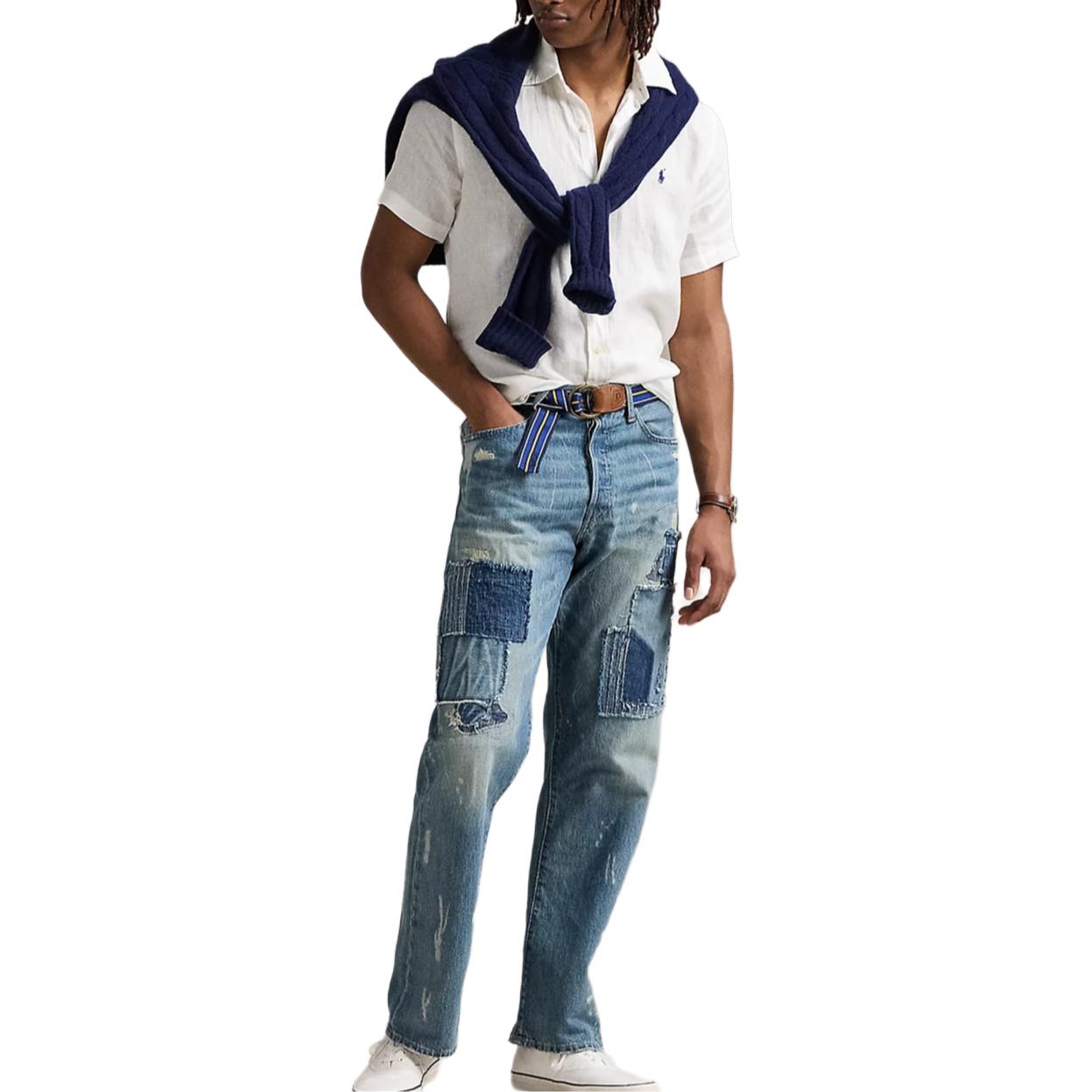 Lookbook Polo Ralph Lauren 刺繡Pony標誌短袖棉麻襯衫 白色 SS25款。 710978347-003