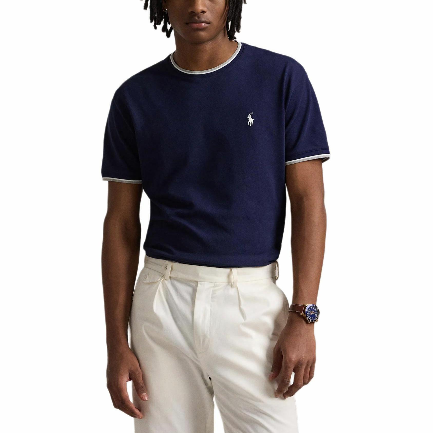 Shop Polo Ralph Lauren SS25純色小馬標誌圓領藍色T恤。 710963492-001