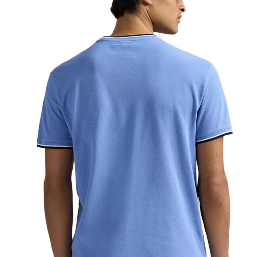Shop Polo Ralph Lauren SS25 男裝藍色條紋刺繡小馬標圓領短袖T恤 710963492-004