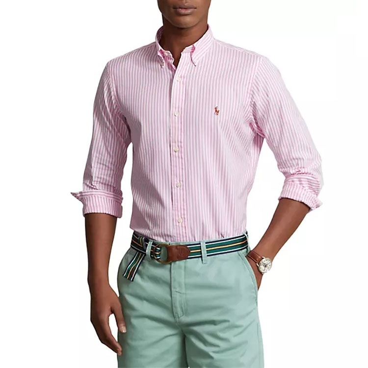 Shop Polo Ralph Lauren 條紋刺繡Logo粉紅色長袖休閒襯衫 男士款 710879993-002