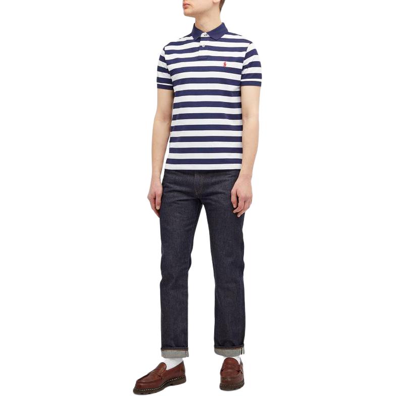 Shop Polo Ralph Lauren 條紋刺繡Logo短袖男款POLO衫 藍白色 710934552-001