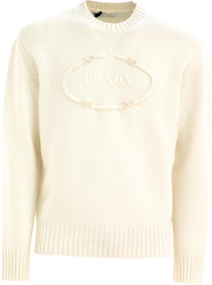 PRADA Beige Crewneck Sweater with Embroidery and Stitch Detailing UMB682-134H-F0009-S-OOO Buy PRADA Beige Crewneck Sweater with Embroidery and Stitch Detailing UMB682-134H-F0009-S-OOO