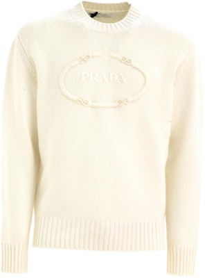 PRADA Beige Crewneck Sweater with Embroidery and Stitch Detailing UMB682-134H-F0009-S-OOO Order PRADA Beige Crewneck Sweater with Embroidery and Stitch Detailing UMB682-134H-F0009-S-OOO
