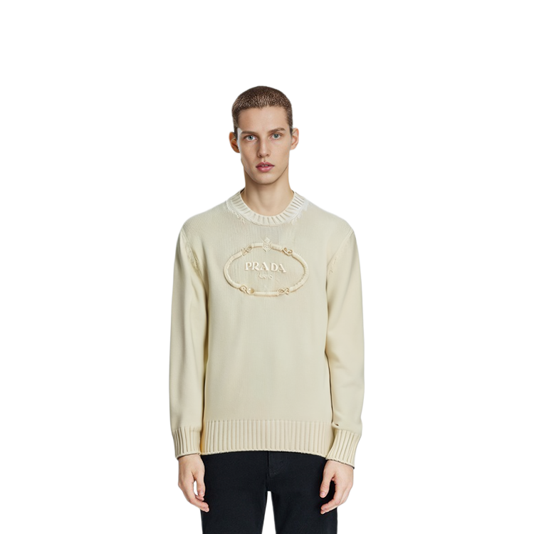 Lookbook PRADA  Beige Crewneck Sweater with Embroidery and Stitch Detailing UMB682-134H-F0009-S-OOO