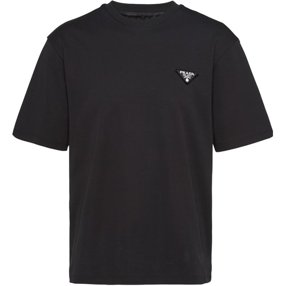 PRADA  Black Crewneck T-Shirt with Solid Color and Logo. UJN837-240-F0002-S-WMO