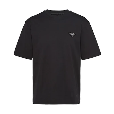 PRADA Black Crewneck T-Shirt with Solid Color and Logo. UJN837-240-F0002-S-WMO