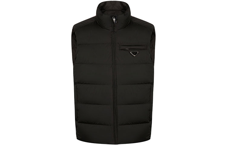 PRADA  Black Down Vest with Logo Metal Emblem and Stand Collar. SGB033-1WQ9-F0002-S-191