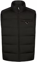 PRADA Black Down Vest with Logo Metal Emblem and Stand Collar. SGB033-1WQ9-F0002-S-191 PRADA Black Down Vest with Logo Metal Emblem and Stand Collar. SGB033-1WQ9-F0002-S-191