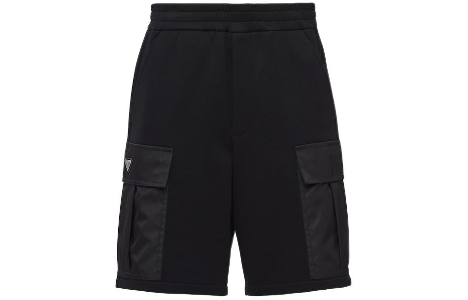 PRADA  Black Elastic Waist Straight-Leg Casual Shorts with Logo Patch. UJP229-11JE-F0806-S-OOO