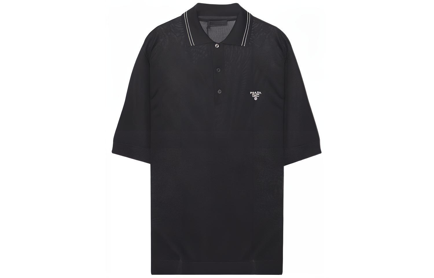 PRADA  Black Knit Polo Shirt with Solid Color Embroidered Logo UMB2741ZRP-F0002