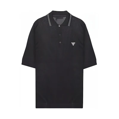 PRADA Black Knit Polo Shirt with Solid Color Embroidered Logo UMB2741ZRP-F0002