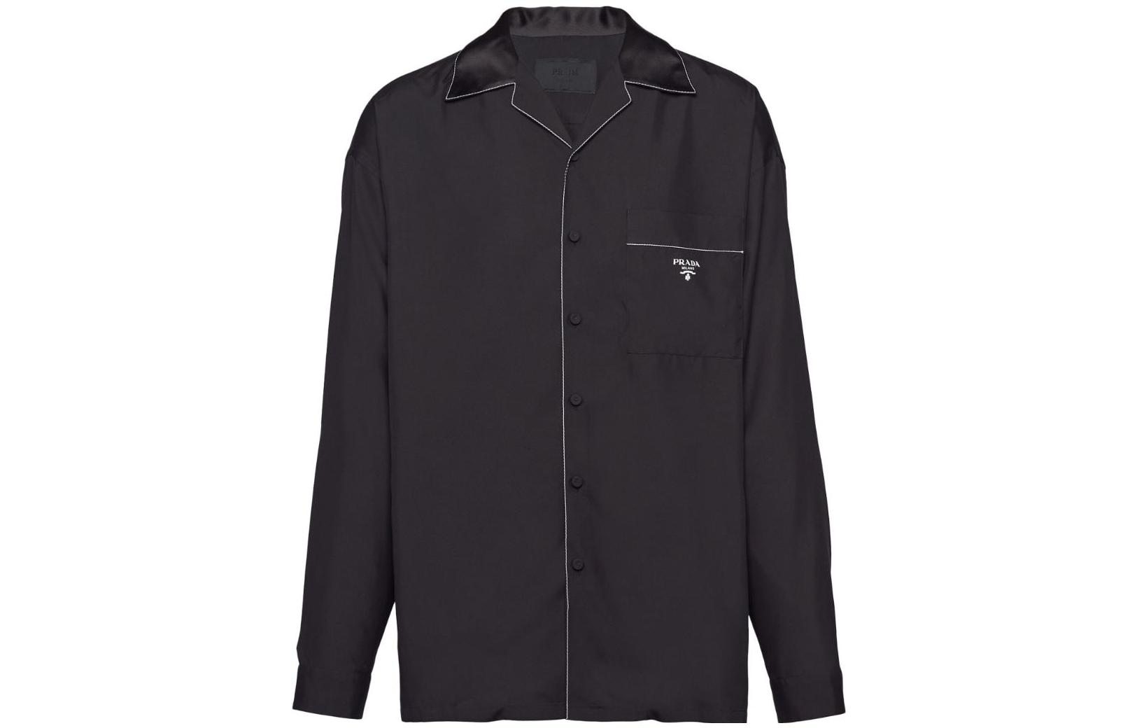 PRADA  Black Logo Print Contrast Stitch Long Sleeve Shirt SC737-10HX-F0002-S-OOO