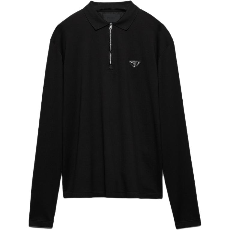 PRADA  Black Long Sleeve Polo Shirt with Logo Triangle Patch. UJL59B-1YR4-F0002-S-OOO