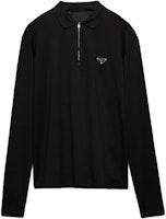 PRADA Black Long Sleeve Polo Shirt with Logo Triangle Patch. UJL59B-1YR4-F0002-S-OOO PRADA Black Long Sleeve Polo Shirt with Logo Triangle Patch. UJL59B-1YR4-F0002-S-OOO