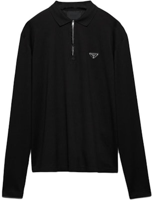 PRADA Black Long Sleeve Polo Shirt with Logo Triangle Patch. UJL59B-1YR4-F0002-S-OOO Buy PRADA Black Long Sleeve Polo Shirt with Logo Triangle Patch. UJL59B-1YR4-F0002-S-OOO