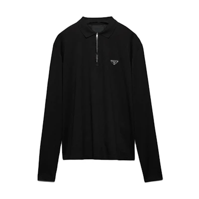 PRADA Black Long Sleeve Polo Shirt with Logo Triangle Patch. UJL59B-1YR4-F0002-S-OOO