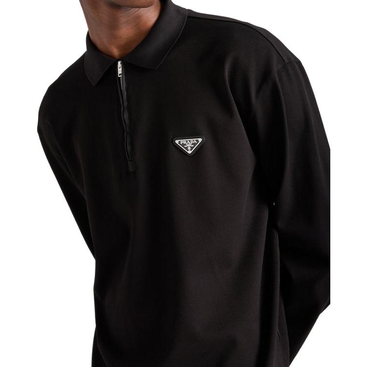 Details for PRADA  Black Long Sleeve Polo Shirt with Logo Triangle Patch. UJL59B-1YR4-F0002-S-OOO
