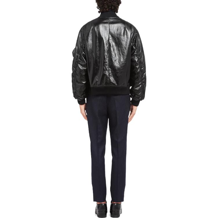 Shop PRADA  Black Nappa Leather Bomber Jacket with Baseball Collar. UPW399-1ZFE-F0002