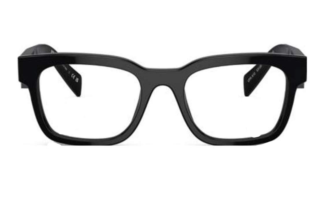 Lookbook Montura de gafas ópticas rectangulares negras de acetato PRADA (sin lentes). PRA10V16K1O1