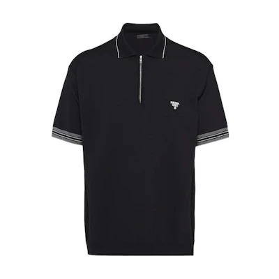 PRADA Black Short-Sleeve Polo Shirt with Front Logo Print. UMB488-12D8-F0002-S-231