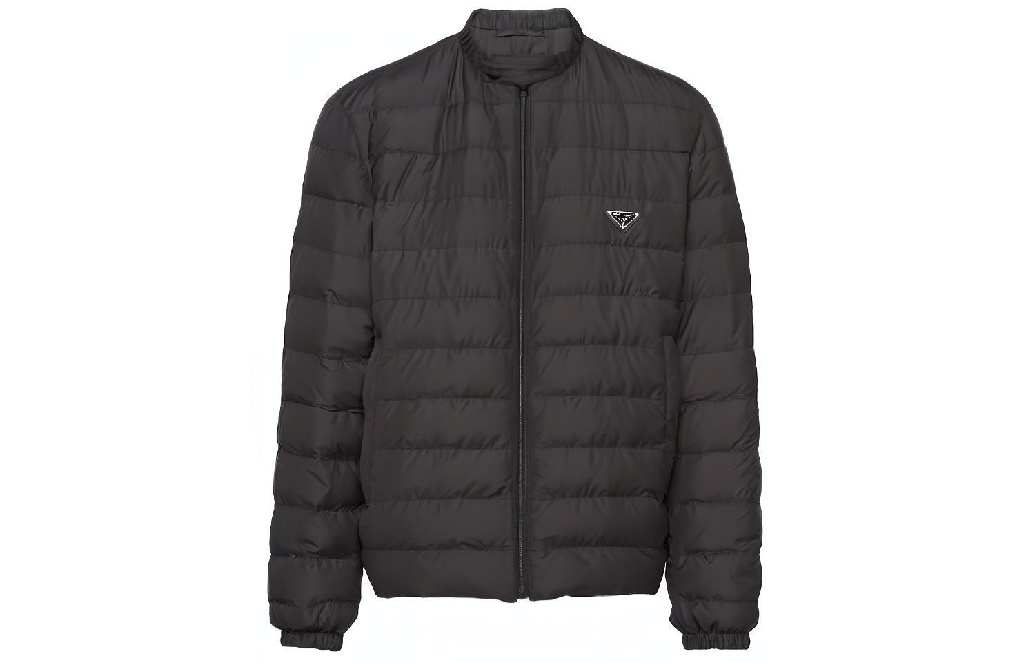 PRADA  Black Short Polyester Down Jacket with Logo and Zip-up Design. SGC564-13IL-F0002-S-OOO