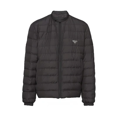 PRADA Black Short Polyester Down Jacket with Logo and Zip-up Design. SGC564-13IL-F0002-S-OOO