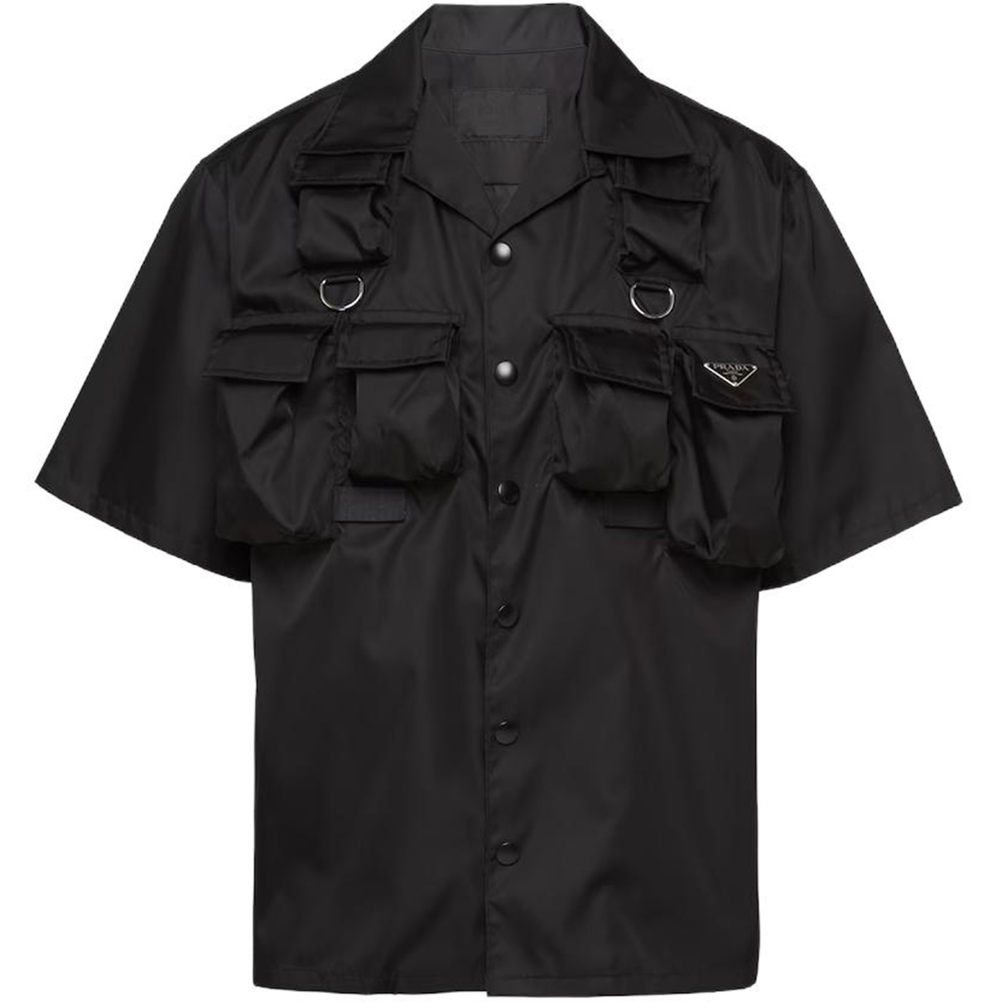 PRADA  Black Short Sleeve Shirt with Triangle Logo Metal Badge. SC768-1WQ8_F0002-S-OOO
