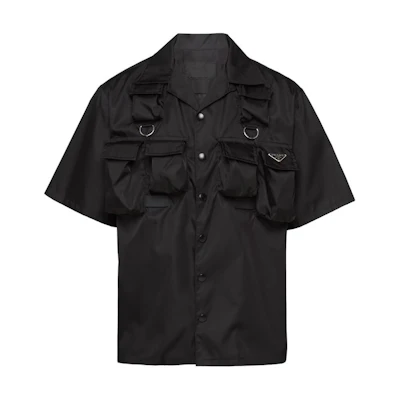 PRADA Black Short Sleeve Shirt with Triangle Logo Metal Badge. SC768-1WQ8_F0002-S-OOO