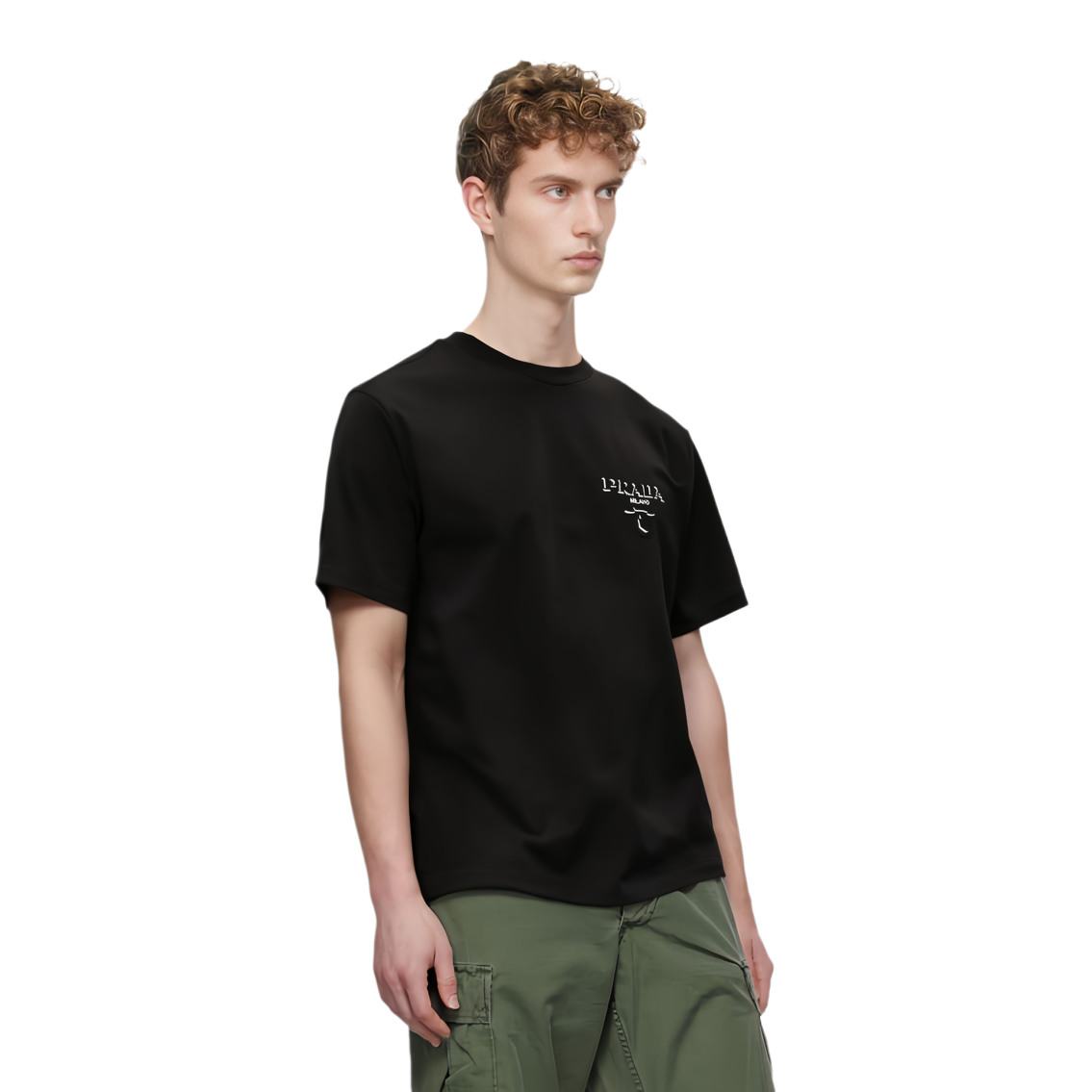 Shop 프라다 블랙 로고 프린트 크루넥 반팔 티셔츠 UJN896-14K7-F0002-S-OOO