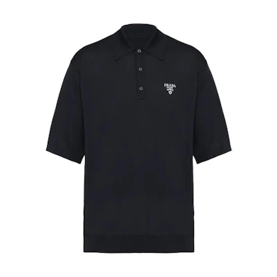 PRADA Black Silk Short-Sleeve Polo Shirt with Three Buttons UMB355-102O-F0002-S-221