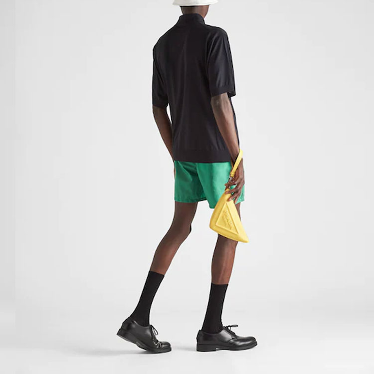 Shop PRADA  Black Silk Short-Sleeve Polo Shirt with Three Buttons UMB355-102O-F0002-S-221