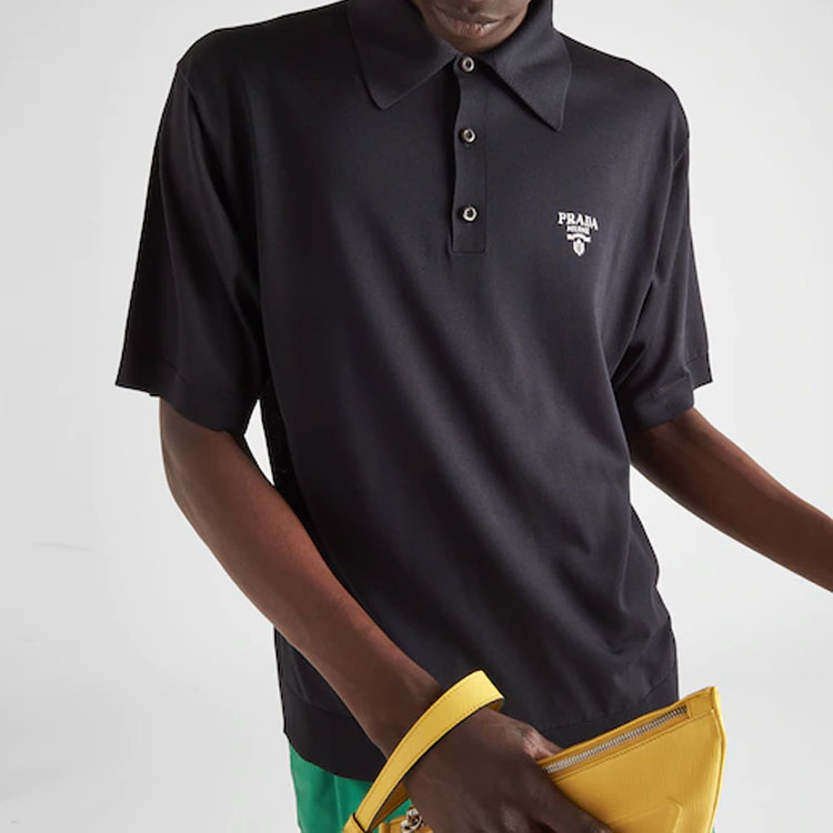 Purchase PRADA  Black Silk Short-Sleeve Polo Shirt with Three Buttons UMB355-102O-F0002-S-221