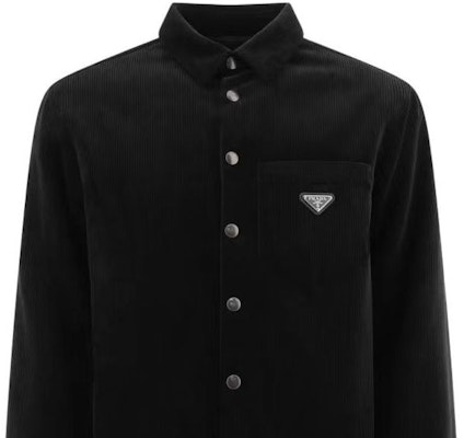 PRADA Baju Lengan Panjang Hitam Single-Breasted dengan Butiran Logo. SC554M-144R-F0002 Details for PRADA Baju Lengan Panjang Hitam Single-Breasted dengan Butiran Logo. SC554M-144R-F0002