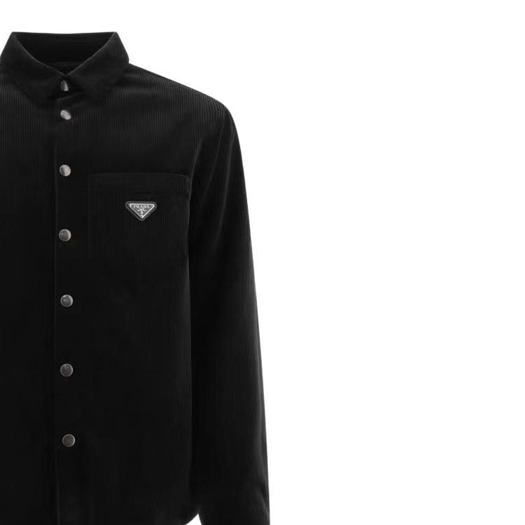 Sizing PRADA Baju Lengan Panjang Hitam Single-Breasted dengan Butiran Logo. SC554M-144R-F0002