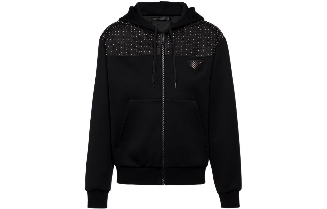 Buy PRADA  Black Solid Jacket with Rivet Drawstring and Zipper Design UJL208-10AU-F0002-S-221