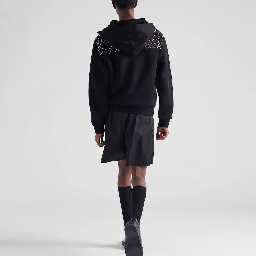 Shop PRADA  Black Solid Jacket with Rivet Drawstring and Zipper Design UJL208-10AU-F0002-S-221