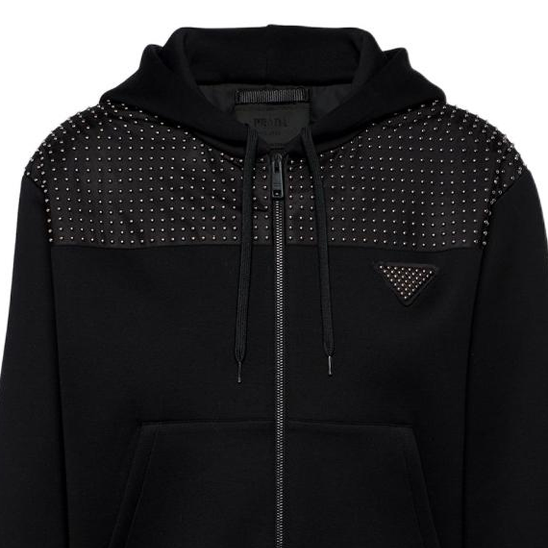 Sizing PRADA  Black Solid Jacket with Rivet Drawstring and Zipper Design UJL208-10AU-F0002-S-221