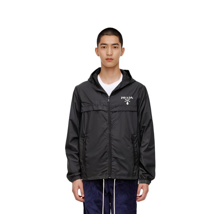 Shop PRADA  Black Solid Logo Print Hooded Jacket SGC052-107L-F0002-S-221