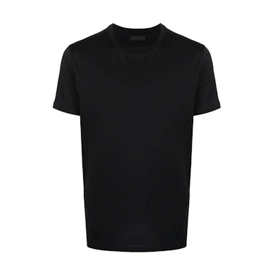 PRADA Black Solid Plain Knit Logo Patch Crewneck T-Shirt. UJM492S221ILK-F0002