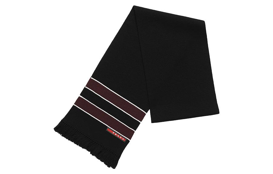 Shop PRADA  Black Stylish Striped Logo Wool Scarf. SMS191-KUS-F0002