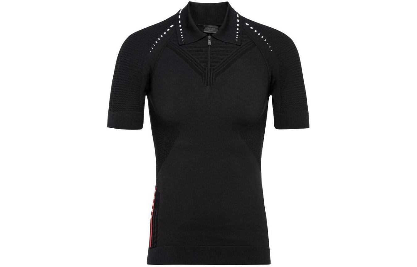 PRADA  Black Zip-Up Short Sleeve Polo with Stripe Detailing. SMM923-1YCE-F0967-S211