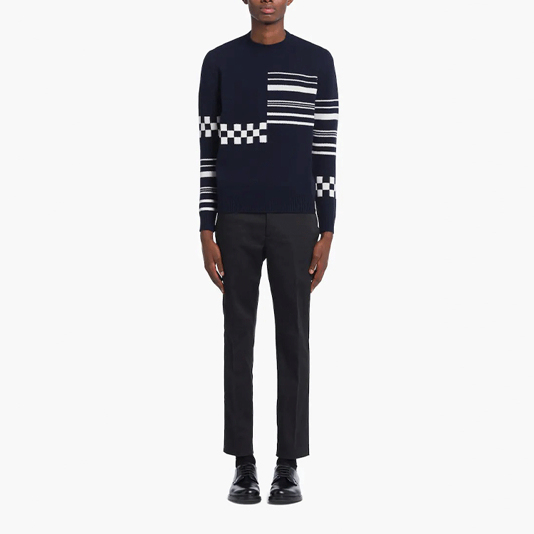 Lookbook PRADA  Blue Checkered Striped Cashmere Sweater. UMB325-10K4-F022X-S-221